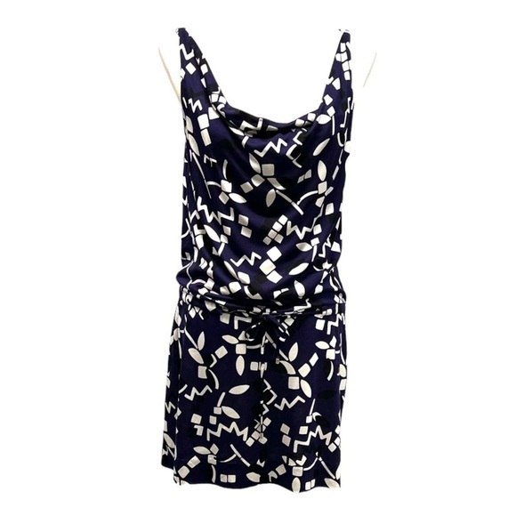 Diane Von Furstenberg Tadd Two Silk Blue Sleeveless Print Drape Neck Dress - Picture 1 of 13